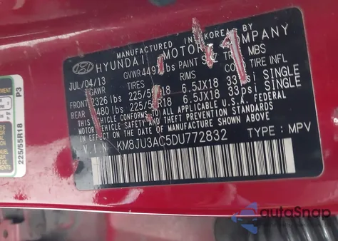 2013 Hyundai Tucson Limited from USA, damaged, VIN KM8JU3AC5DU772832